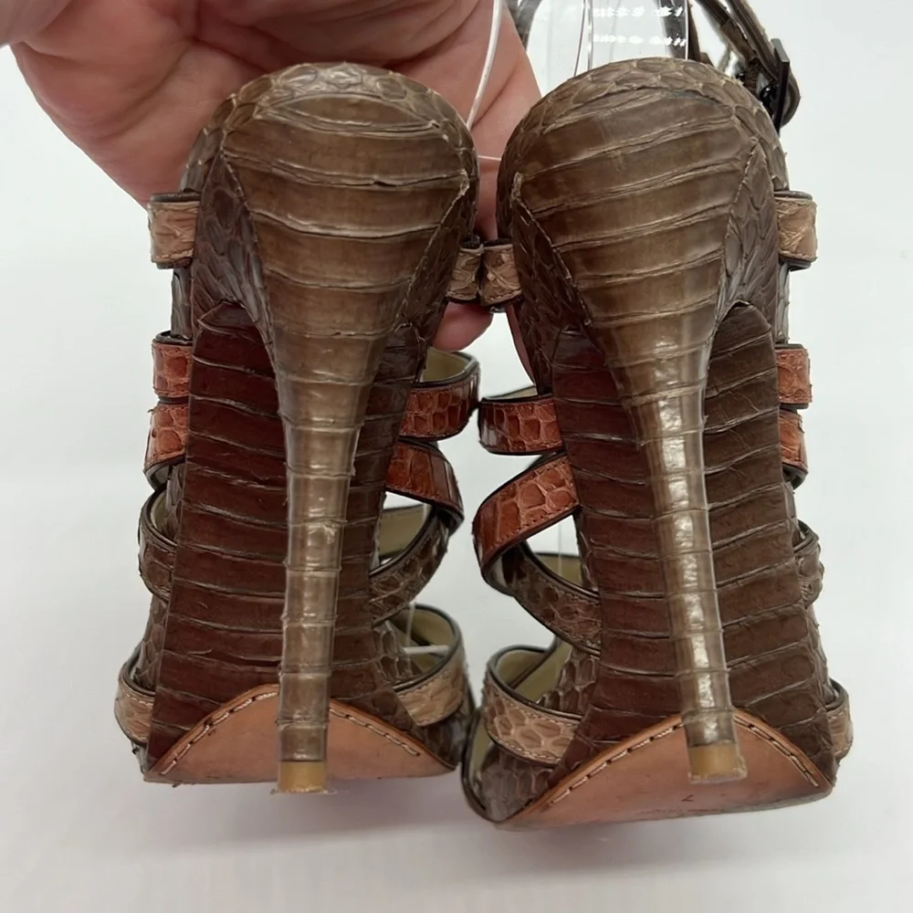 Brian Atwood Women US 7 EU 37 brown snakeskin strappy heeled sandals side buckle